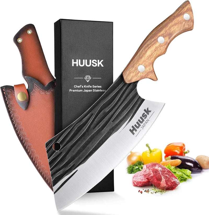 Huusk Butcher Knives for Meat Cutting, Hand Forged Meat Cleaver Knife Full Tang High Carbon Steel Chef Knives Heavy Duty Butcher Knife for Camping, BBQ, Gift for Men and Women - Image 1